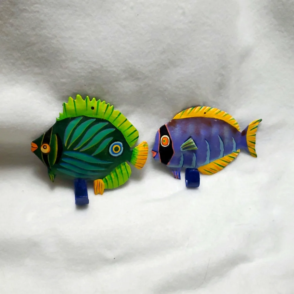 Tropical Fish Wall Hooks Hangers Colorful Set of 2 Hand Painted Metal